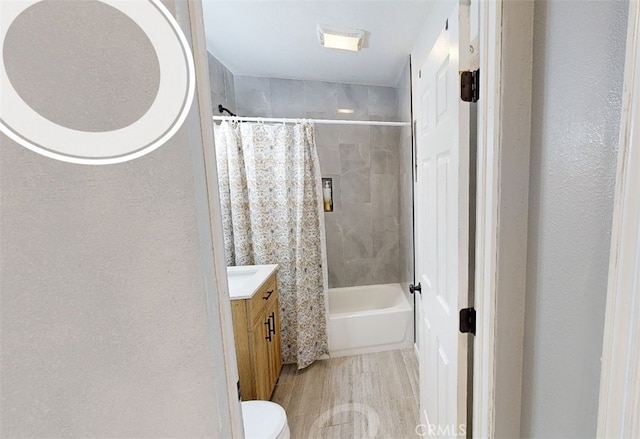 23201 Sprungle Cir, Menifee, CA 92587 - full bath featuring vanity, shower / bath combo, wood finished floors, and a textured wall