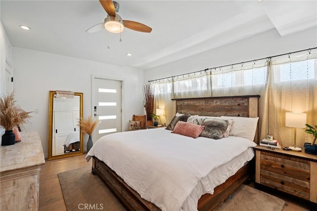 1637 Spreckels Ln, Redondo Beach, CA 90278 - bedroom with multiple windows, wood finished floors, recessed lighting, connected bathroom, and a ceiling fan
