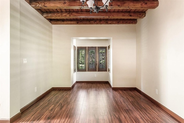 760 Kuffel Canyon Rd, Lake Arrowhead, CA 92385 - spare room featuring a chandelier, dark wood-style floors, and a wood ceiling with exposed beams
