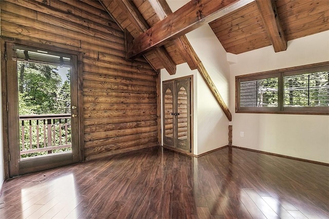 760 Kuffel Canyon Rd, Lake Arrowhead, CA 92385 - unfurnished room with wood ceiling, plenty of natural light, log walls, and hardwood / wood-style flooring