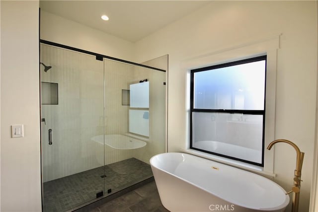 26603 Windward Rd, Lake Arrowhead, CA 92352 - full bathroom with a stall shower, a freestanding bath, and recessed lighting