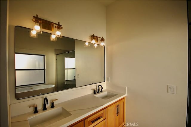 26603 Windward Rd, Lake Arrowhead, CA 92352 - full bathroom with double vanity, a shower, and a tub to relax in
