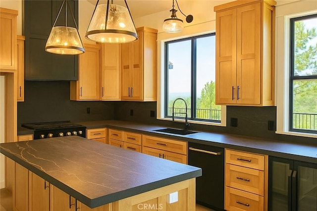 26603 Windward Rd, Lake Arrowhead, CA 92352 - kitchen featuring beverage cooler, black dishwasher, dark countertops, and plenty of natural light