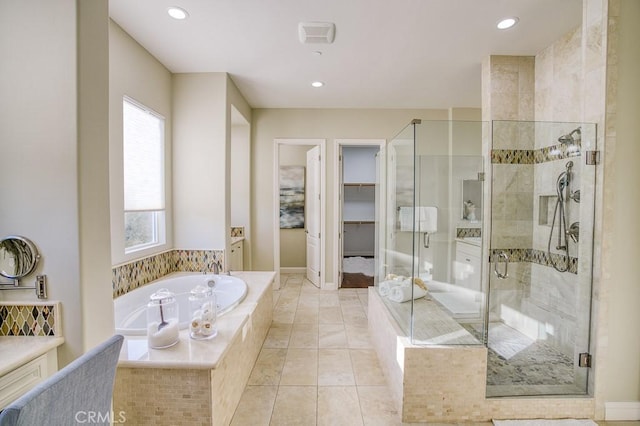 1801 Louise Ln, Nipomo, CA 93444 - full bathroom featuring a stall shower, a garden tub, a spacious closet, recessed lighting, and tile patterned floors