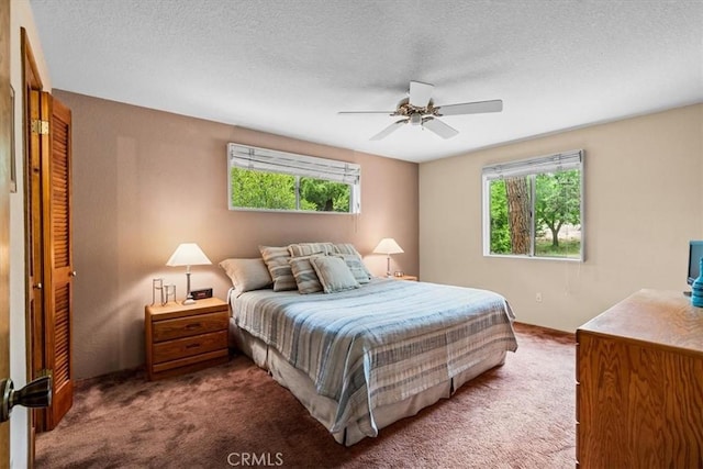 26823 Crestview Dr, Idyllwild, CA 92549 - carpeted bedroom with ceiling fan and a textured ceiling