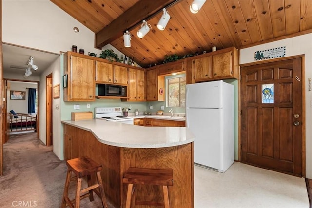 26823 Crestview Dr, Idyllwild, CA 92549 - kitchen with white appliances, light carpet, track lighting, light countertops, and a peninsula