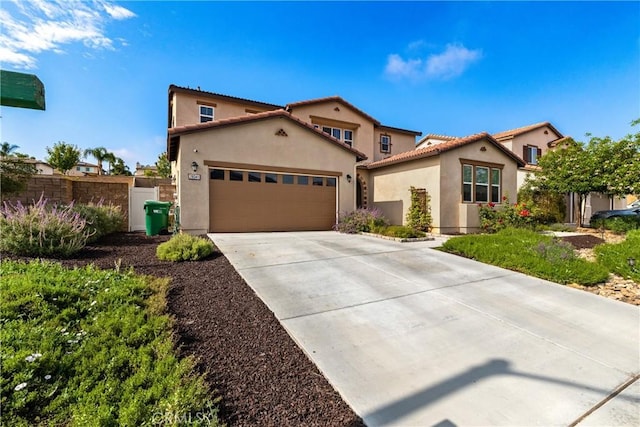 28341 Heather Green Way, Menifee, CA 92584 - mediterranean / spanish-style home with stucco siding, an attached garage, concrete driveway, and a tiled roof