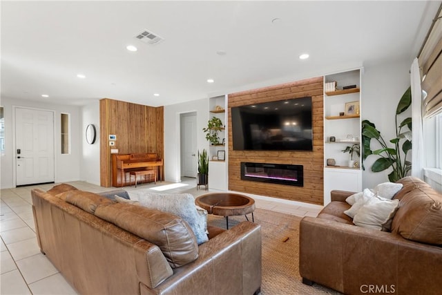 28341 Heather Green Way, Menifee, CA 92584 - living room featuring a fireplace, light tile patterned floors, and recessed lighting