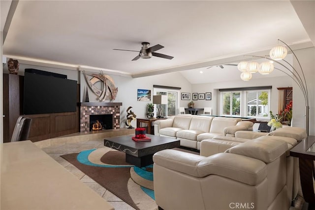 25611 Rangewood Rd, Laguna Hills, CA 92653 - living area with lofted ceiling, ceiling fan, tile patterned floors, and a brick fireplace