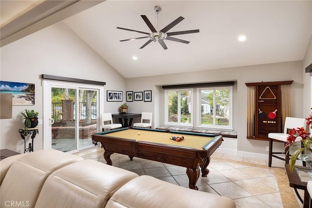 25611 Rangewood Rd, Laguna Hills, CA 92653 - game room featuring billiards, light tile patterned flooring, high vaulted ceiling, a ceiling fan, and recessed lighting