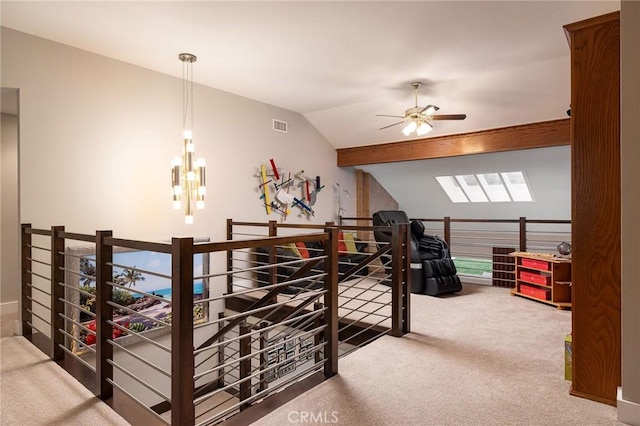 25611 Rangewood Rd, Laguna Hills, CA 92653 - hallway featuring an upstairs landing, carpet flooring, lofted ceiling, and a chandelier