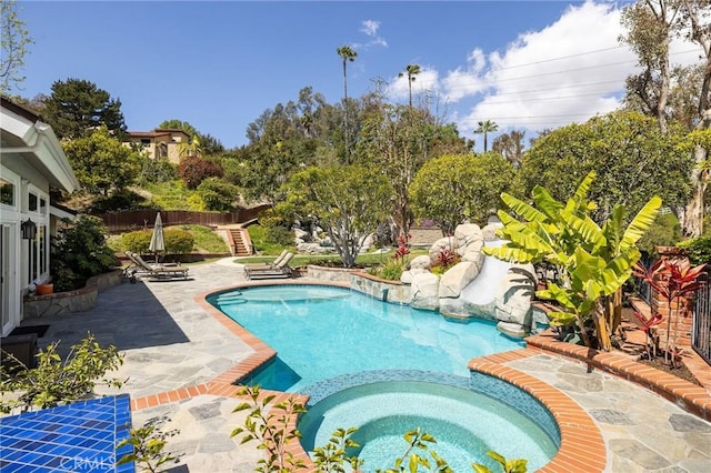 25611 Rangewood Rd, Laguna Hills, CA 92653 - view of swimming pool featuring a patio area, a pool with connected hot tub, and stairs