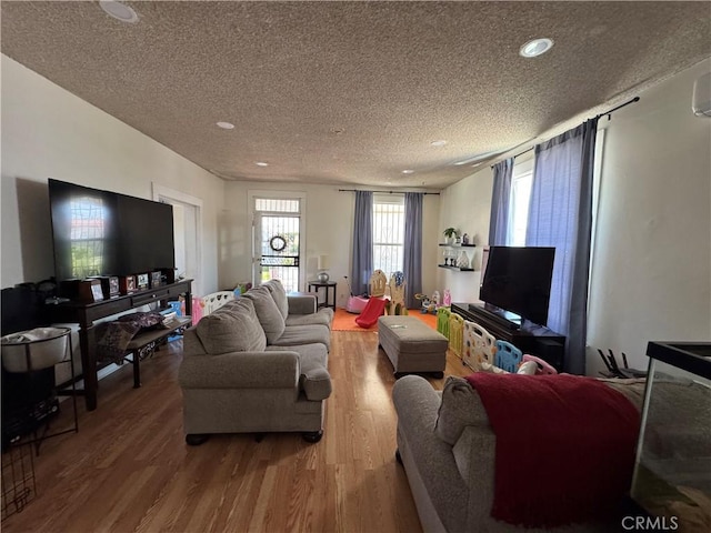 1521 Bridge St, Los Angeles, CA 90033 - living room featuring a textured ceiling, wood finished floors, and recessed lighting