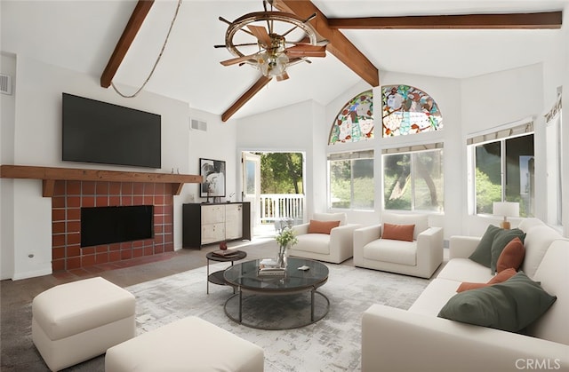 4205 Hermitage Dr, Hacienda Heights, CA 91745 - living area with a ceiling fan, beam ceiling, high vaulted ceiling, and a fireplace
