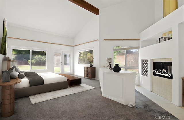 4205 Hermitage Dr, Hacienda Heights, CA 91745 - bedroom with high vaulted ceiling, beam ceiling, a fireplace, and light carpet
