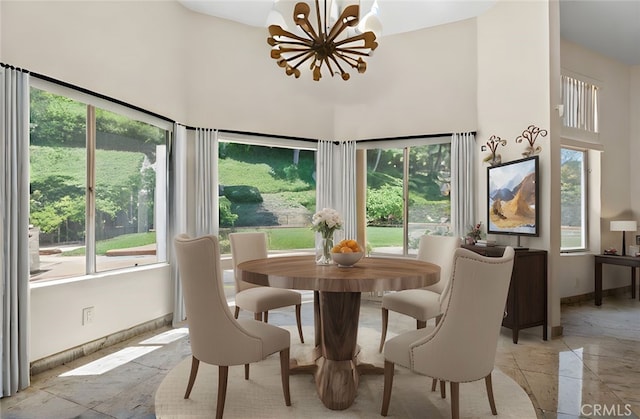 4205 Hermitage Dr, Hacienda Heights, CA 91745 - dining area featuring a chandelier, healthy amount of natural light, a towering ceiling, and baseboards