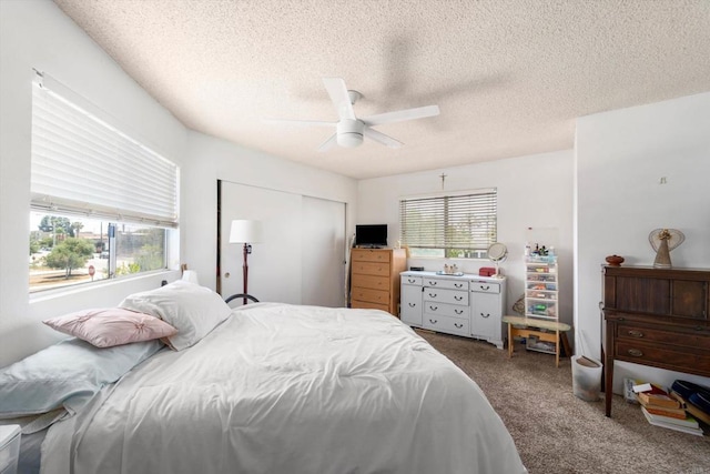 4643 Cherokee Ave, San Diego, CA 92116 - bedroom with carpet floors, a textured ceiling, ceiling fan, and a closet