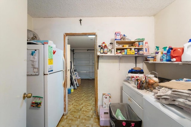 4643 Cherokee Ave, San Diego, CA 92116 - washroom featuring washing machine and dryer, light floors, and a textured ceiling