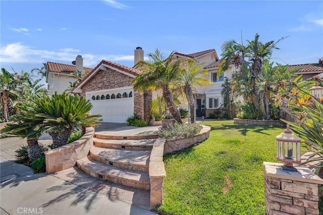 12045 Falcon Crest Way, Porter Ranch, CA 91326 - mediterranean / spanish house featuring a chimney, a garage, a front lawn, a tiled roof, and stone siding