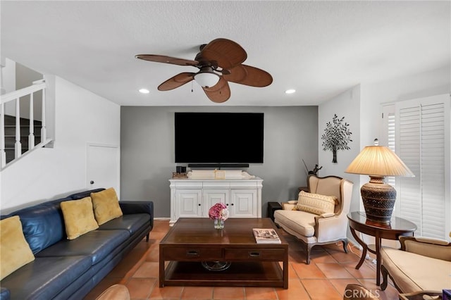 12045 Falcon Crest Way, Porter Ranch, CA 91326 - living room featuring stairway, a ceiling fan, recessed lighting, and light tile patterned floors