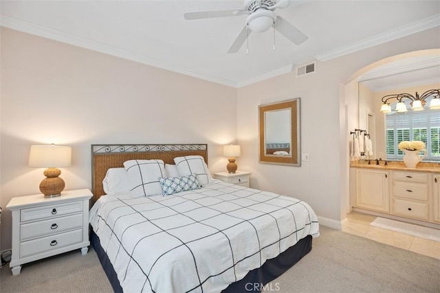 30902 Clubhouse Dr Unit 28C, Laguna Niguel, CA 92677 - bedroom with light carpet, ornamental molding, arched walkways, baseboards, and a ceiling fan