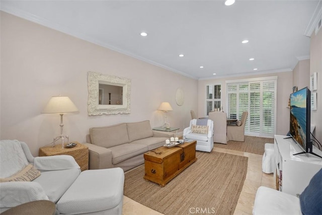 30902 Clubhouse Dr Unit 28C, Laguna Niguel, CA 92677 - living area featuring recessed lighting, ornamental molding, and light tile patterned floors