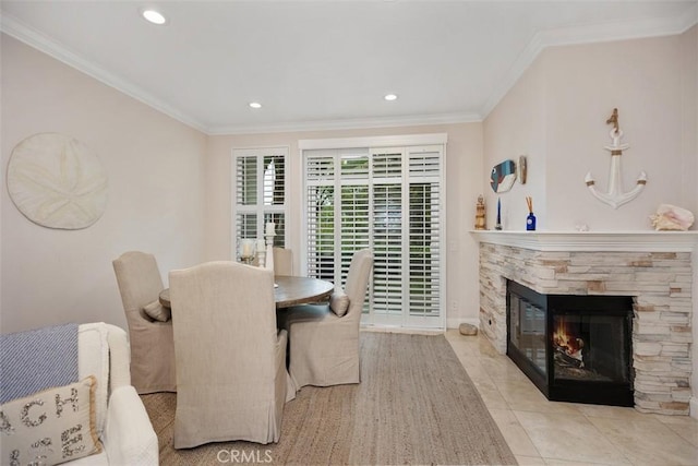 30902 Clubhouse Dr Unit 28C, Laguna Niguel, CA 92677 - dining area with a fireplace, crown molding, recessed lighting, and tile patterned flooring