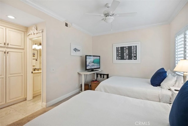 30902 Clubhouse Dr Unit 28C, Laguna Niguel, CA 92677 - bedroom with crown molding, baseboards, ensuite bath, ceiling fan, and recessed lighting
