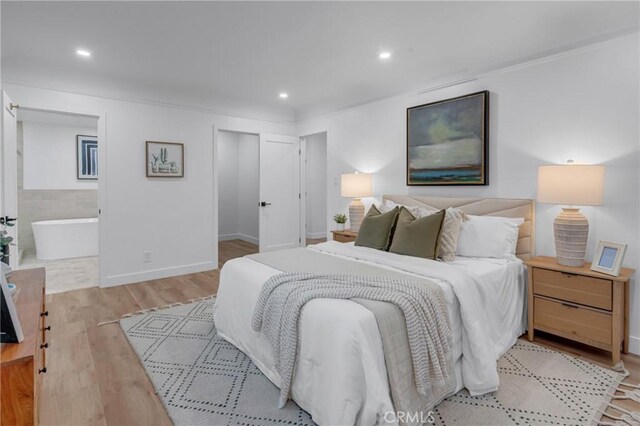 3649 Mount Vernon Dr, View Park, CA 90008 - bedroom featuring light wood finished floors, crown molding, recessed lighting, and ensuite bathroom