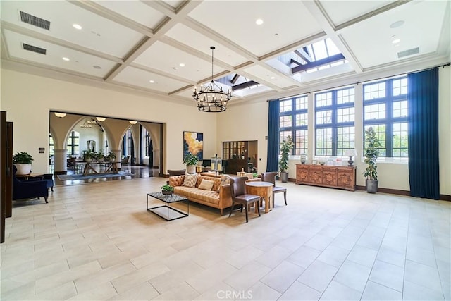12392 Sandy Ct, Whittier, CA 90602 - common area with coffered ceiling, a towering ceiling, and beam ceiling