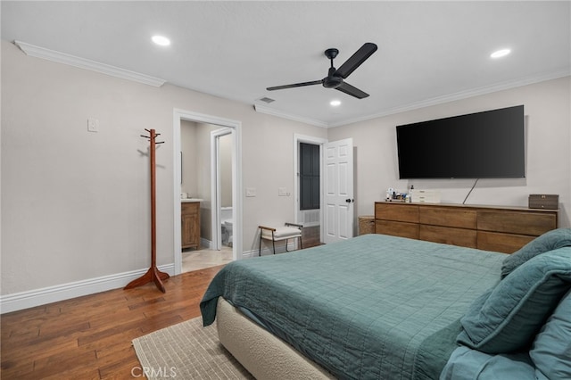 732 Hilary Ln, Redlands, CA 92373 - bedroom featuring ornamental molding, wood finished floors, recessed lighting, baseboards, and a ceiling fan
