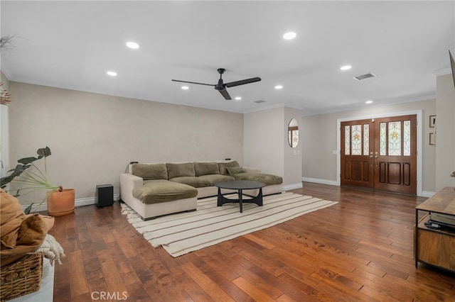 732 Hilary Ln, Redlands, CA 92373 - living room featuring ceiling fan, crown molding, hardwood / wood-style flooring, baseboards, and recessed lighting