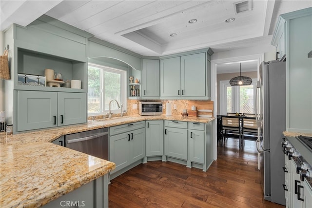 732 Hilary Ln, Redlands, CA 92373 - kitchen with open shelves, appliances with stainless steel finishes, dark wood-type flooring, and light stone counters