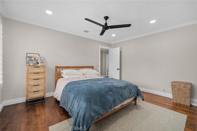 732 Hilary Ln, Redlands, CA 92373 - bedroom with wood finished floors, baseboards, recessed lighting, ornamental molding, and ceiling fan