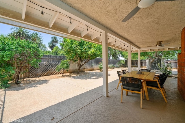 732 Hilary Ln, Redlands, CA 92373 - fenced backyard featuring outdoor dining space, a ceiling fan, and a patio area