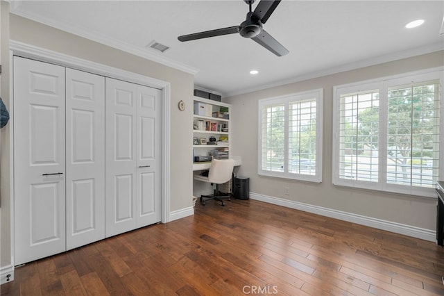 732 Hilary Ln, Redlands, CA 92373 - office area featuring ornamental molding, a ceiling fan, hardwood / wood-style flooring, baseboards, and recessed lighting