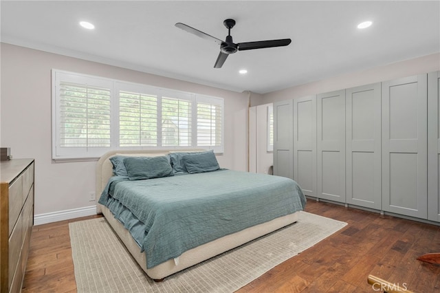 732 Hilary Ln, Redlands, CA 92373 - bedroom featuring dark wood-style floors, baseboards, recessed lighting, and ceiling fan