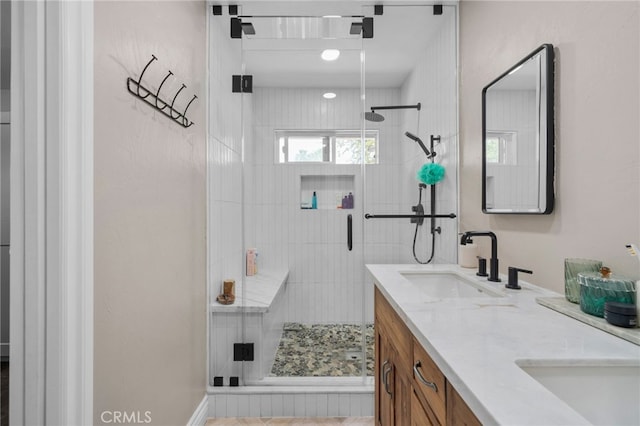 732 Hilary Ln, Redlands, CA 92373 - bathroom featuring a shower stall and double vanity