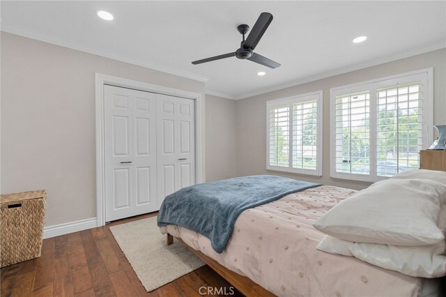 732 Hilary Ln, Redlands, CA 92373 - bedroom with multiple windows, wood-type flooring, ornamental molding, baseboards, and recessed lighting