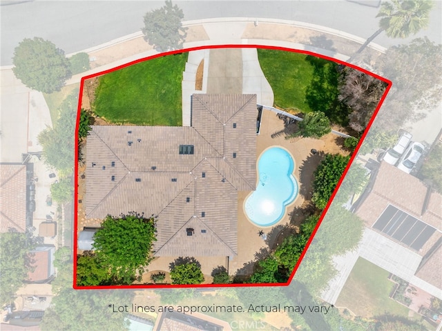 732 Hilary Ln, Redlands, CA 92373 - aerial overview of property's location featuring a pool area and property parcel outlined