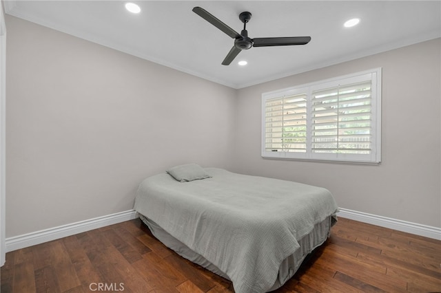 732 Hilary Ln, Redlands, CA 92373 - bedroom with wood-type flooring, baseboards, ornamental molding, recessed lighting, and ceiling fan