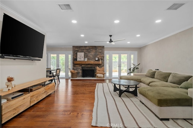 732 Hilary Ln, Redlands, CA 92373 - living area featuring french doors, ornamental molding, ceiling fan, hardwood / wood-style floors, and plenty of natural light