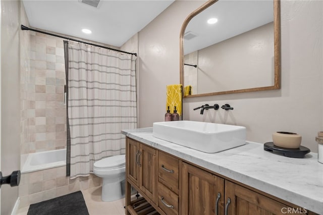 732 Hilary Ln, Redlands, CA 92373 - full bathroom with tiled shower / bath, toilet, vanity, recessed lighting, and tile patterned floors