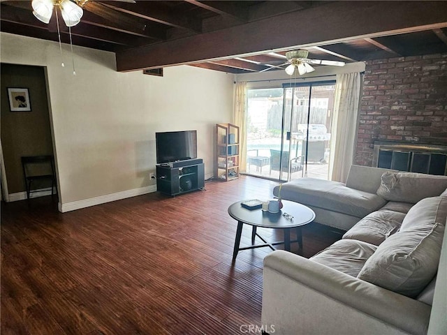 7121 Lion St, Rancho Cucamonga, CA 91701 - living room with a ceiling fan, beam ceiling, baseboards, and wood finished floors