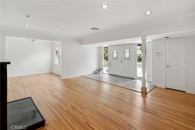 6515 Amigo Ave, Reseda, CA 91335 - entryway featuring light wood-type flooring, recessed lighting, ornate columns, baseboards, and ornamental molding