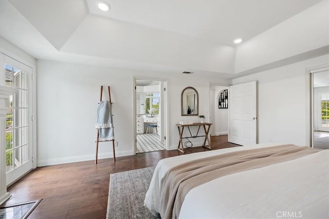 233 Elaine Way, Pismo Beach, CA 93449 - bedroom featuring a raised ceiling, dark wood-style flooring, baseboards, and recessed lighting