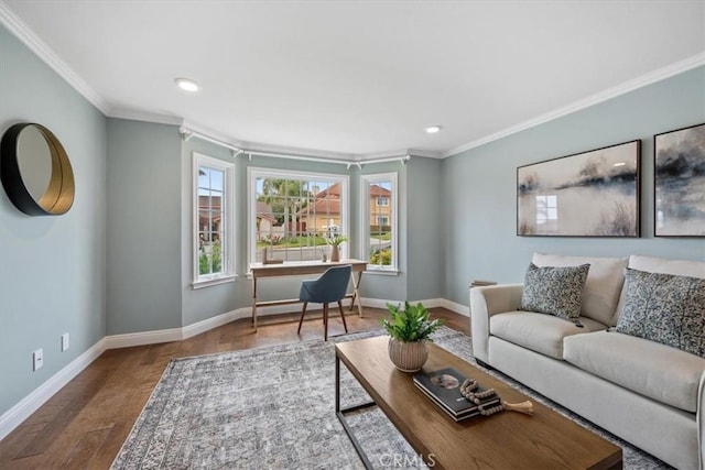 233 Elaine Way, Pismo Beach, CA 93449 - living room with crown molding, wood finished floors, baseboards, and recessed lighting