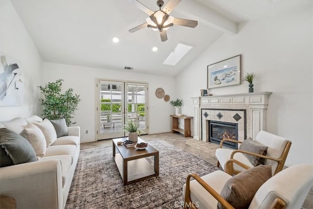 233 Elaine Way, Pismo Beach, CA 93449 - living area featuring a ceiling fan, a skylight, a tile fireplace, and recessed lighting