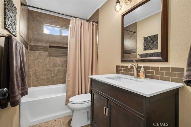 510 Archibald Ct, Colton, CA 92324 - bathroom featuring vanity, shower / bathtub combination with curtain, toilet, decorative backsplash, and a textured wall