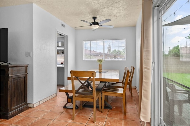 510 Archibald Ct, Colton, CA 92324 - dining space featuring ceiling fan, a textured ceiling, light tile patterned floors, and baseboards